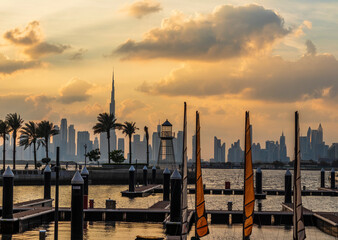 Poster - View of a Dubai city skyline from the wharf on Dubai creek harbour. UAE. City