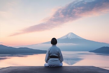 Canvas Print - Healthy wellness woman yoga breathing meditating in lotus position. Generative AI