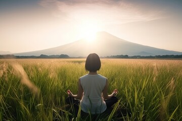 Canvas Print - Healthy wellness woman yoga breathing meditating in lotus position. Generative AI