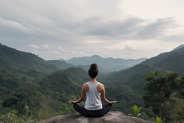 Canvas Print - Healthy wellness woman yoga breathing meditating in lotus position. Generative AI