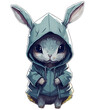 Portrait of a cute rabbit with a hoodie facing front and looking serious