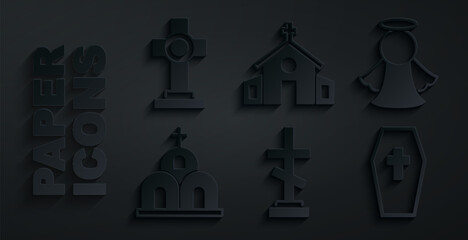 Wall Mural - Set Grave with cross, Angel, Church building, Coffin, and icon. Vector