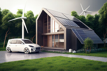 Wall Mural - house with solar panels on roof. alternative energy source. 3d rendering generative ai