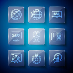 Poster - Set line Browser setting, Stopwatch, Information, Laptop and FAQ, Location with clock, Clock 24 hours, Telephone support and icon. Vector