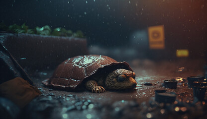 A turtle sleeps among the piles of plastic waste, concept of saving the world. Generative AI.