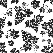Seamless Pattern With Grape Vine Silhouettes. Vector Black And White Seamless Background