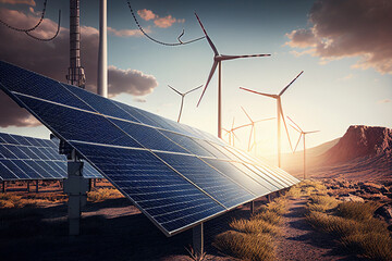 Wall Mural - solar panels and wind turbines. renewable energy concept. 3d rendering generative ai