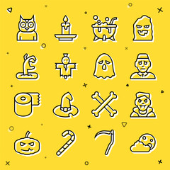 Sticker - Set line Moon and stars, Vampire, Priest, Halloween witch cauldron, Scarecrow, Zombie hand, Owl bird and Ghost icon. Vector