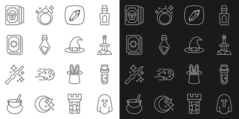 Poster - Set line Ghost, Bottle with potion, Sword in the stone, Magic, Tarot cards, and Witch hat icon. Vector