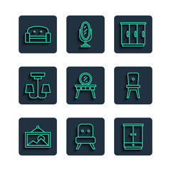 Sticker - Set line Picture, Armchair, Wardrobe, Dressing table, Chandelier, and Chair icon. Vector