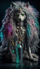 Wall Mural - Exclusive toy wolf with long colored hair and dreadlocks, in the laboratory. Children's fantasy cyberpunk toy. Decorative gift for children. Character for children's books and stories. Created with AI