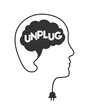 © lvnl - Brain unplug and disconnect concept with head, brain, letters, cable and plug. Unplugging of mind, unplugged and disconnected mental state. Digital break from technology metaphor.