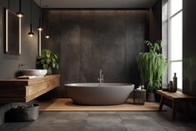 Bathroom With A Rectangle Bathtub, A Wooden Sink, And A Dark Gray Wall. Mock Up Of A Pleasant Home Concept. Generative AI