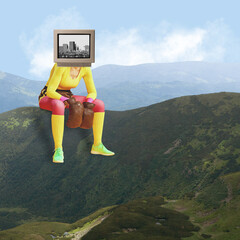 Woman in colorful sportswear and boxing gloves, headed with TV translating city landscape, sitting on mountains. Contemporary art collage. Concept of surrealism, travelling, imagination, dreams