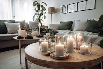 Poster - white candles on wooden coffee table in pleasant living room. Scandinavian style living room. Candle and plant in vase on tiny wooden table in front of scandinavian couch. boho home. Generative AI