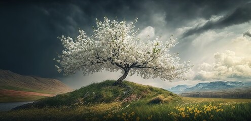 Wall Mural - a solitary tree blooming in a springtime scene Generative AI