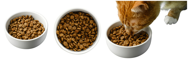 Cat food in bowl on transparent background. Cat eating dry meal from white plate. Healthy dry pet food. Png realistic design element