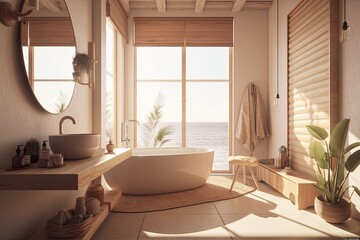 Poster - Cozy nomadic minimalist bathroom. Large hotel bath by the window. illustration. Generative AI