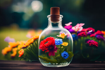 Wall Mural - Natural colorful wildflowers growing in a closed glass bottle or jar outside on the grass. Dramatic light. Botanical terrarium with its own ecosystem. Ecological idea to save the Earth. Generative AI.