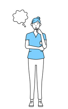 顔をかきながら考える女性看護師、理学療法士、作業療法士、言語聴覚士、看護助手