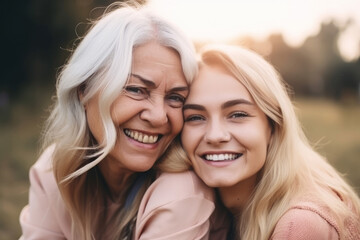 Young woman with older mother cuddling together. Mothers day. Generative ai