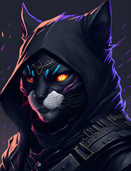 A portrait Illustration of a cat ninja warrior with a black face, a fantasy world, dark background, a splash of colorful paint, hyper-detailed, Generative AI