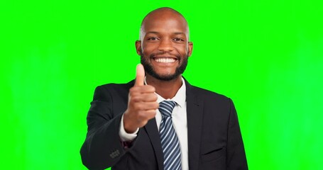 Poster - Business thumbs up, green screen face or happy man with yes emoji gesture for congratulations, job well done or winner. Portrait, success satisfaction or African chroma key male on studio background