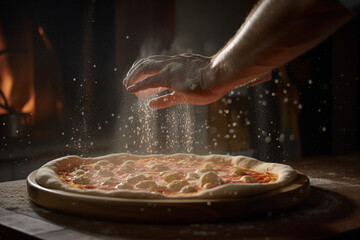 Generative ai close up of human hands powdering with flour.