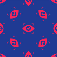 Canvas Print - Red Eye scan icon isolated seamless pattern on blue background. Scanning eye. Security check symbol. Cyber eye sign. Vector