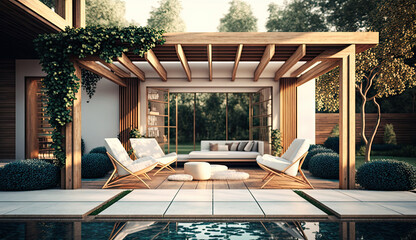 Wall Mural - Outdoor interior living room in the garden with couch, cushions and seats, minimal concepts, open outside space zone for activities, backyard scene, Modern design background with Generative AI.