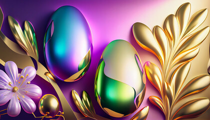 Wall Mural - Holographic Happy Easter banner with bright colorful holographic Easter eggs and flowers, generative AI