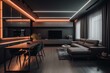 © Maksym - A sleek and modern apartment with polished metal walls, neon lighting, and minimalist furniture. Generative AI