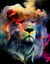 Portrait Of A Lion Surrounded By Smokes. Dark Background. Generative AI