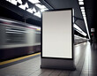 Blank mock up light box template vertical sign stand display in Railway Station AI Generated