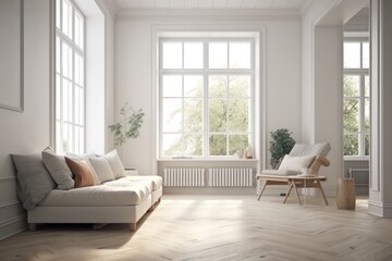 Wall Mural - modern living room with a white sofa and large windows. Generative AI