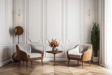 Wall Mural - modern interior design. On a wooden floor next to a white wall, there are two chic armchairs and a coffee table. Generative AI