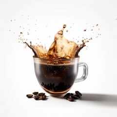 An energetic splash of coffee captured in mid-air, highlighting freshly brewed coffee beans around a clear glass mug. Perfect representation of freshness and energy.