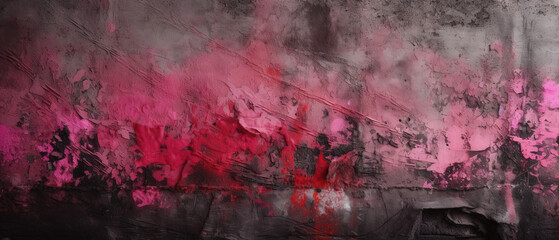 black red rough surface, old concrete wall, pink magenta grunge cement background, panoramic wide banner. Generative AI