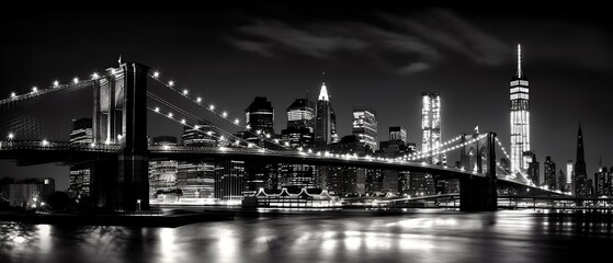 Wall Mural - Black and White Photo of City at Night Panorama 