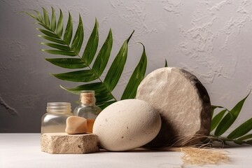 Poster - minimalist white table adorned with various bottles and stones. Generative AI
