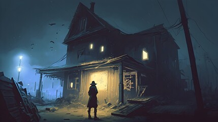 Wall Mural - night scene of a man looking at the old house with junk all around, digital art style, illustration painting, Generative AI