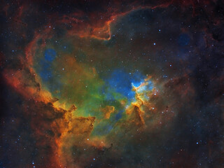 The Heart Nebula (IC 1805, open cluster Melotte 15) is an emission nebula located in the constellation of Cassiopeia. The nebula is 7,500 light years away from Earth. SHO image in HST color palette.