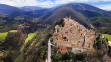 Italy, Umbria Most Scenic Places. Beautifull Medieval Village Nocera Umbra, Perugia Region. Aerial Drone Panoramic View