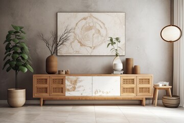 Poster - Bleached Japanese living room. Wooden dresser with wall mockup. Marble floor, wallpaper. Modern decor,. Generative AI