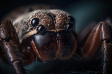  a close up of a spider on a black background with a blurry effect to it's face and eyes and head and legs.  generative ai