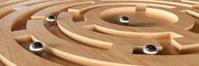 Conceptual Ball Bearing On A Wooden Maze Puzzle With Multiple Options 3d Render