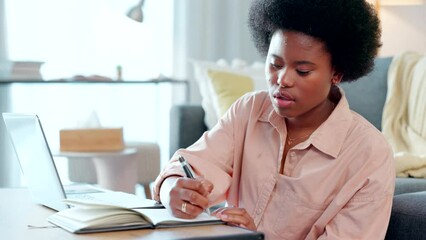 Poster - Woman in online learning writing information as a student. Female doing research and taking important notes. Girl studying for an examination from home in preparation for work.