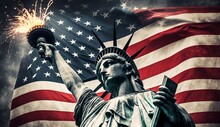 USA 4th Of July - Illustration Of Statue Of Liberty And Usa Flag, Generative Ai