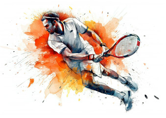 watercolor abstract representation of tennis. tennis player in action during colorful paint splash, 