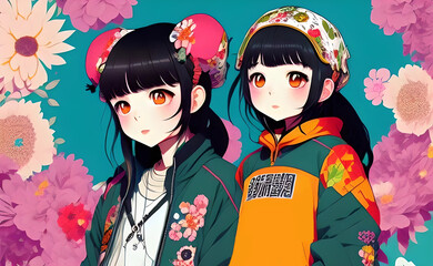 Cute anime girls modern fashion dressed dark hair fantasy colorful illustration, generative ai.

